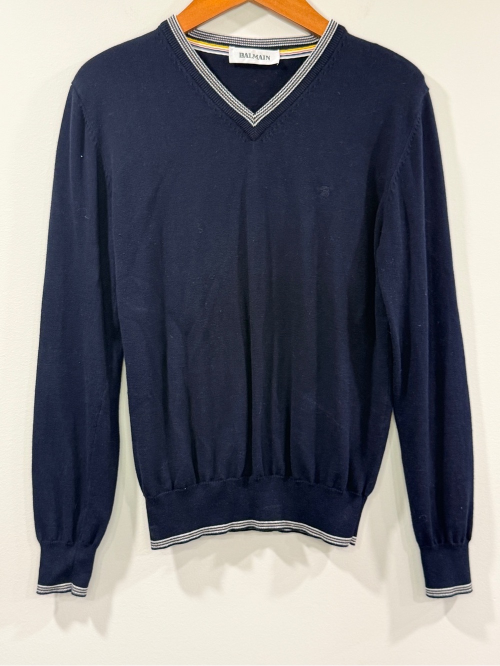 Balmain Men's Navy V-Neck Sweater with Contrast Trim Size S